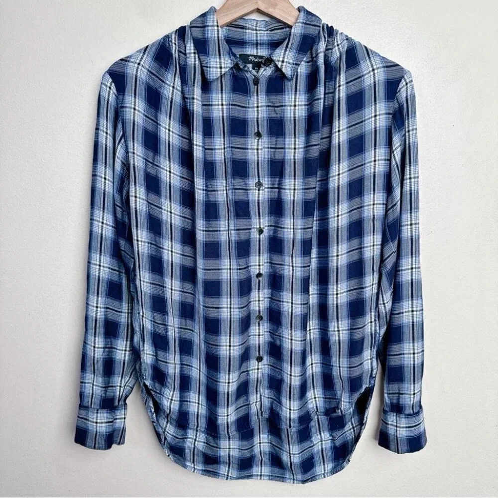 Madewell Womens Size Xsmall Central  Lansford Plaid Blue Long Sleeve - Picture 2 of 13